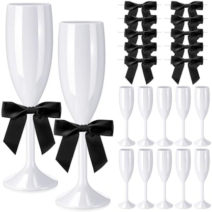 Zopeal Plastic Reusable Champagne Flute Glasses 6 oz and 50 Pcs Bow Set Acrylic Wedding Toasting Goblet 3.5" Bow Unbreakable Wine Cup for Bachelorette Bridal Shower Party(White and Black) - color: White/Black