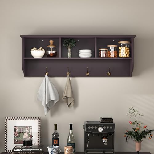 Wall Mounted Coat Rack Shelf,4 Dual Hooks,3 Cubbies,Espresso | Wall mounted saves floor space.4 antique brass dual hooks.3 cubbies for decor display.Solid MDF.Easy mount hardware - color: Espresso