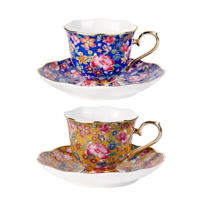 KAMMAK Tea Cup and Saucer, Ceramic Coffee Cups, 6.3 oz, Set of 2 | Porcelain Tea Cups with Saucers for Coffee and Cappuccino, Ideal for Breakfast, Afternoon Tea and Entertaining,643N+644N - style: 643N+644N