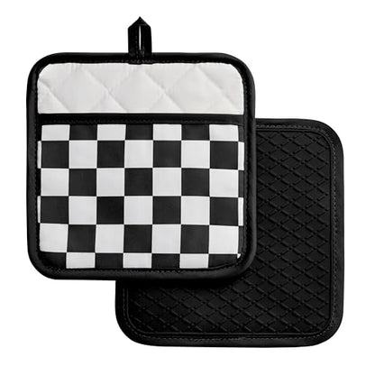 Ohocut Checkered Pot Holder, Black and White Checkerboard Potholders for Kitchen, Silicone Pot Holders with Pocket for Kitchen Clearance 2 Pack Set, Hot Pads and Oven Mitts for Cooking Baking - color: Black and White