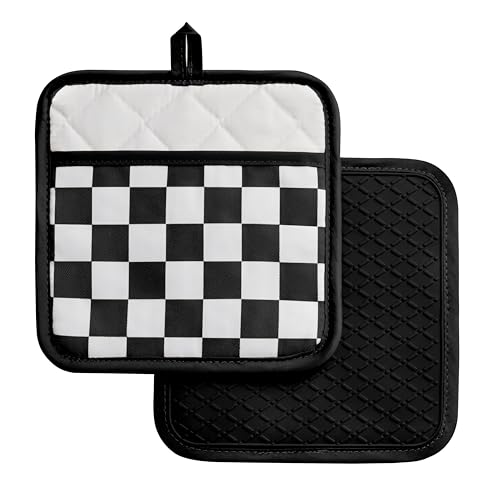 Ohocut Checkered Pot Holder, Black and White Checkerboard Potholders for Kitchen, Silicone Pot Holders with Pocket for Kitchen Clearance 2 Pack Set, Hot Pads and Oven Mitts for Cooking Baking - color: Black and White