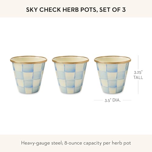 MACKENZIE-CHILDS Enamel Herb Pot Set, Small, Light-Blue-and-White Sky Check | Hand-painted design, small plant pots for herbs or flowers, 3.5" dia. x 3.25" H, 8-ounce capacity per pot, set of 3 - color: Sky Check