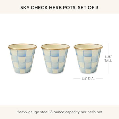 MACKENZIE-CHILDS Enamel Herb Pot Set, Small, Light-Blue-and-White Sky Check | Hand-painted design, small plant pots for herbs or flowers, 3.5" dia. x 3.25" H, 8-ounce capacity per pot, set of 3 - color: Sky Check