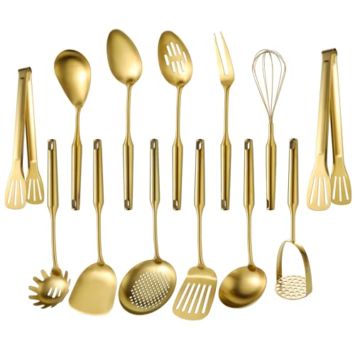 Gold Kitchen Cooking Utensils Set 13 PCS Stainless Steel 12-13.7" | Food-grade 304, Dishwasher Safe,Rust-proof, Made To Last,Easy To Store,Good Choice for Presents - color: Gold-13