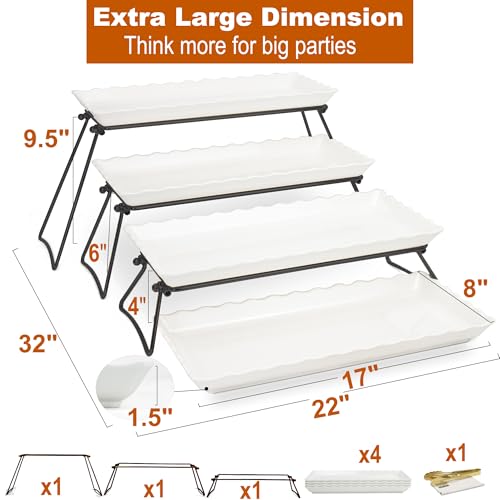KAQAHIDO Extra Large 4 Tier Serving Tray Set, 34x22x10 inch Wave Edge Melamine Dessert Table Display Set, Tiered Trays Stand for Party Buffet Entertaining, Black and White - color: Black
