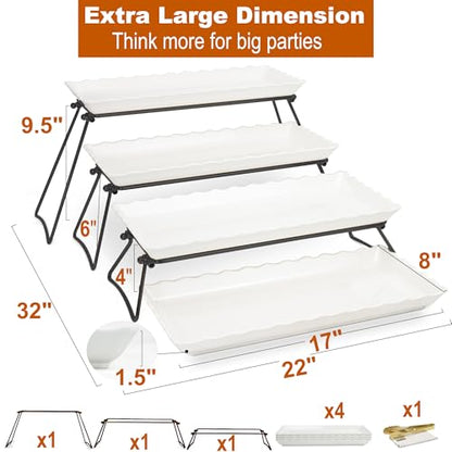 KAQAHIDO Extra Large 4 Tier Serving Tray Set, 34x22x10 inch Wave Edge Melamine Dessert Table Display Set, Tiered Trays Stand for Party Buffet Entertaining, Black and White - color: Black