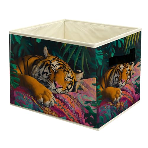 Tropical Boho Tiger Storage Basket with Handles | Maximalist Eclectic Jungle Animal Colorful Collapsible Fabric Storage Box Bin Organizer for Shelves Closet Clothes - color: colour 30