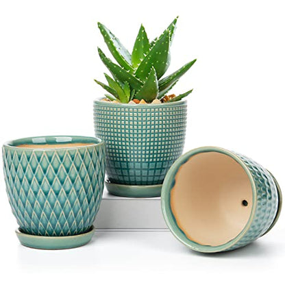 Oairse 4 inches Ceramic Planters Pots for Indoor Plants 3 Set of Small Round Flower Pots with Drainage Hole and Ceramic Tray Modern Planters Set for Succulents Cactus Garden Home Windowsill Table - color: Teal