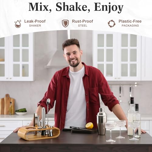 16 Pcs Bartender Kit Bag with Stand Portable Cocktail Shaker Set, 25oz Stainless Steel Barware Kit with Jigger, Strainer, Spoon, Ice Tongs, Gift for Cocktail Lover Travel