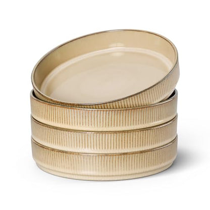 E-far Pasta Bowls Set of 4, 35oz Large Salad Bowl Plate for Dinner Serving, Wide & Shallow Ceramic Stoneware Pasta Plate, Microwave & Dishwasher Safe, Reactive Glaze Textured Stripe, Caramel Khaki - color: Caramel Khaki