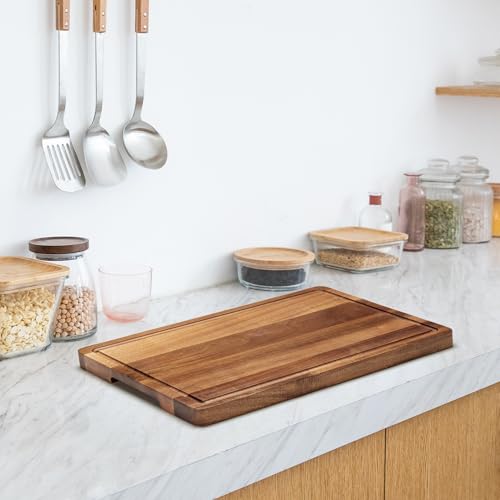 18"x12"Acacia Cutting Board for Kitchen, Wooden Chopping Board with Built-In Juice Grooves, 1" Thick, Side Handle, Butcher Block for Meat/Fruits/Vegetables - size: 18"L x 12"W