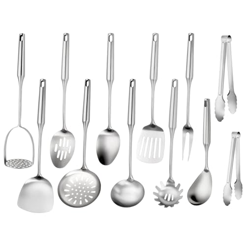 304 Stainless Steel Cooking Utensils Set, 12 Pcs Long Stainless Steel Kitchen Utensils Set, Metal Cooking Utensils Set with Potato Masher, Spoon, Ladle, Skimmer, Pasta Server etc(Dishwasher Safe)