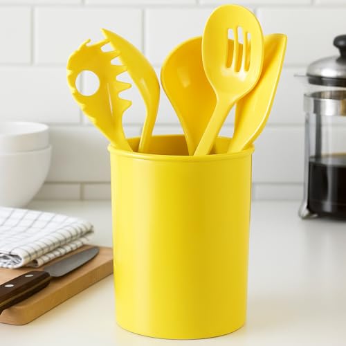Reston Lloyd 6 Piece Kitchen Utensil Holder for kitchen counter, Utensils crock with Heat Resistant Spoon, Slotted Spoon, Ladle, Spatula BPA Free, Lemon - color: Lemon, size: Utensil Holder Set