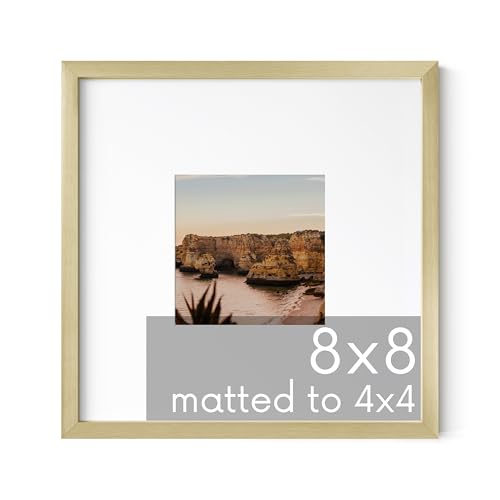HAUS AND HUES 8x8 Gold Metal Picture Frame Matted to 4x4 - Features Premium Aluminum & Hanging Hardware, Shatterproof Plexiglass - Ideal for Home, Office (8x8 in, Gold, Set of 1) - color: Gold Metal, size: 8x8 in, style: Set of 01