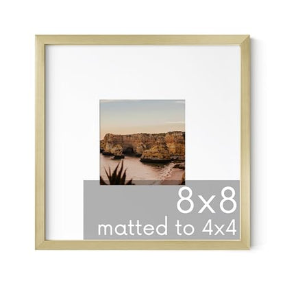 HAUS AND HUES 8x8 Gold Metal Picture Frame Matted to 4x4 - Features Premium Aluminum & Hanging Hardware, Shatterproof Plexiglass - Ideal for Home, Office (8x8 in, Gold, Set of 1) - color: Gold Metal, size: 8x8 in, style: Set of 01
