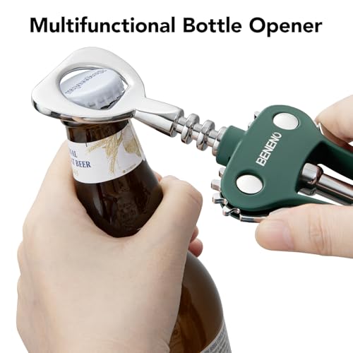 Beneno Wine Opener, Premium Wing Corkscrew Wine Bottle Opener, Dark Green | Durable Solid Zinc Alloy Body, Precise Sharp-Edged Screw, Ergonomic Non-Slip Grip Wing Handle, Multifunctional Bottle Openers - color: Dark Green