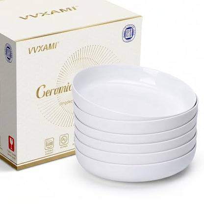 Pasta Bowls Set of 6, 8.8" 37oz Salad Serving Bowls | White Ceramic Soup Bowls Wide and Shallow Plate Bowls Set,Microwave and Dishwasher Safe,Gift Packaging