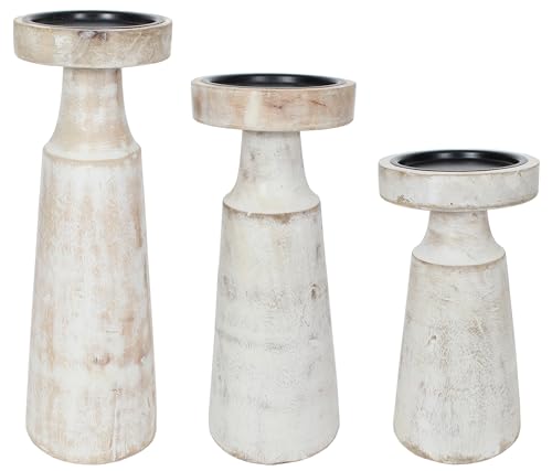 Set of 3 Pieces Wood Pillar Candle Holders, Mango Wooden Candlesticks Holders 12 Inch, 10 Inch, 8 Inch Height (White Wash) - color: White Wash