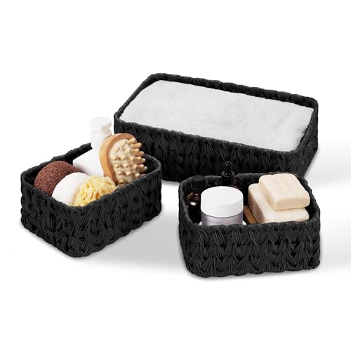 GRANNY SAYS Wicker Baskets for Shelves, Small Woven Baskets for Organizing | Small Woven Storage Baskets for Shelf, Rattan Basket for Organizing, Wicker Basket Set, 3-Pack Small Waterproof Baskets - color: Black, size: 13"L x 9"W x 4"H + 2x 7¾"L x 5¾"W x