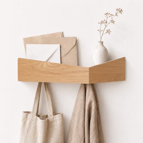 Coat Rack Wall Mount,Key Holder with Hidden Hooks Wooden Decorative Coat Hook Hat Rack Entryway Key Holder Organizer Tray Shelf for Kitchen Bathroom Towels Clothes Hanger (Oak) - color: Oak