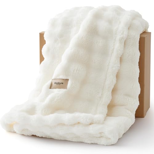 Bedsure Queen Size Blanket 3D Fleece Bubble Queen Blankets for Bed - White Blanket for Bed Sofa Room Decor - Luxury Soft Cozy Gifts for Women Girls, Lightweight, Off White, 90"×90" - color: 01 Off White, size: Queen (90" X 90")