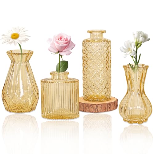 Set of 4 Glass Bud Vase Set, Small Vintage Clear Flower Vase Centerpieces for Table Bulk Cute Rustic Style Mini Vase for Home Decor Wedding Baby Shower Birthday Party(Champagne) - color: Champagne