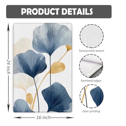 Boho Botanical Kitchen & Bath Towels - Navy & Golden Ginkgo Leaves, Mid Century Modern Decor, 16x24 Inch - color: 2- Abstract Towels