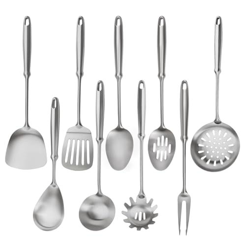 304 Stainless Steel Cooking Utensils Set, 9 PCS Metal Stainless Steel Kitchen Utensils Set, Serving Spoon, Spaghetti Spoon, Skimmer, Meat Fork etc (Dishwasher Safe)
