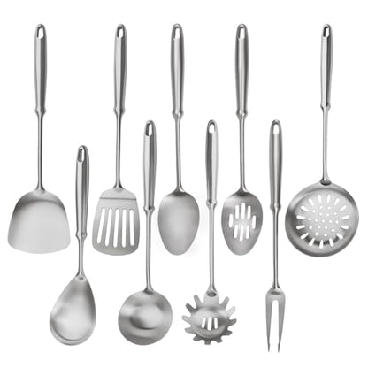 304 Stainless Steel Cooking Utensils Set, 9 PCS Metal Stainless Steel Kitchen Utensils Set, Serving Spoon, Spaghetti Spoon, Skimmer, Meat Fork etc (Dishwasher Safe)