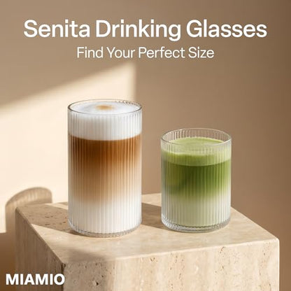 MIAMIO - Drinking Glasses Set of 8 / Water Glasses (9.5 oz) - Senita | Glass drinkware for water, juice, matcha and cocktails, drinking glass set for everyday use at home - dishwasher safe