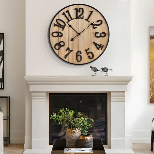 Large Wall Clock 20IN, Silent Metal Wood Style Wall Clocks Battery Operated for Living Room Decor, Farmhouse Big wall Clock, Outdoor - color: Wood-arabic, size: 20IN