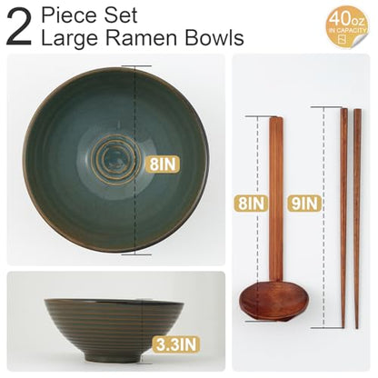 8 Inch Ceramic Ramen Bowl Set of 2, 40oz Japanese Bowls with Spoons & Chopsticks,Durable,Microwave & Dishwasher Safe,Perfect for Ramen,Pho,Salad,Soup,Noodles，Mixing bowls（Dark Teal） - color: Dark Teal