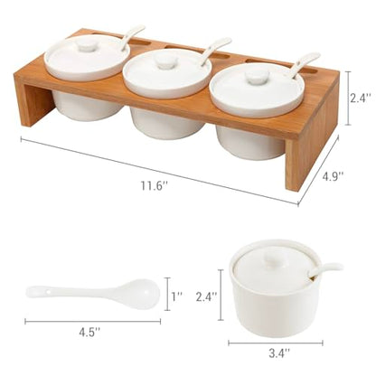 MyGift 10 Pcs Sauce Serving Dish, Hosting Party Essentials Host Gift, 3 Ceramic Ramekin Chip Dip Bowls with Lids & Spoons, Premium Bamboo Server Tray, Condiment Pot Entertaining - color: Bamboo