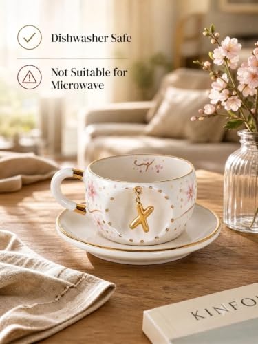 Personalized Handmade Porcelain Coffee Tea Mug With Letter, Custom Initial Mug Gift For Tea Coffee Lover With Saucer Text