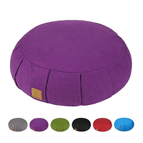 Round Zafu Meditation Cushion D=16" H=5.5" Zabuton Meditation Pillow Yoga Bolster Yoga Pillow Floor seat Zippered Organic Cotton Cover Natural Buckwheat kneeling pillow-Large - color: Purple
