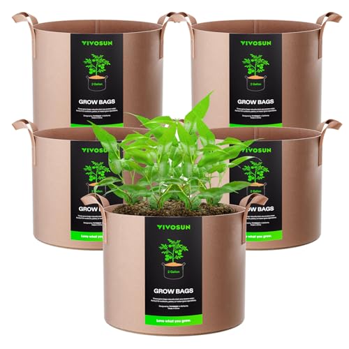 VIVOSUN 5-Pack 2 Gallon Plant Grow Bags Fabric Pots with Handles | 300G Thickened Nonwoven Fabric, Excellent Drainage, Healthy Root Growth, BPA-Free, Reusable - color: Tan, size: 2 Gallons