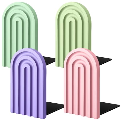 Harloon 4 Pcs Boho Arch Wooden Bookends, Decorative Rainbow Book Stoppers with Non-Slip Metal Base, 5x3x4 Inches, Cute Shelf Decor for Heavy Books, Home Office Study Desk Organizer(Pastel Color) - color: Pastel Color
