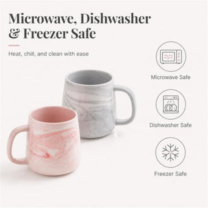 Ceramic Coffee Mug Set of 2, Gray and Pink Marble Pattern Procelain Couple Mugs, Stoneware Matching Cups, Dishwasher Safe, Microwave Safe, 13 oz - color: 12 oz-Pink&Gray
