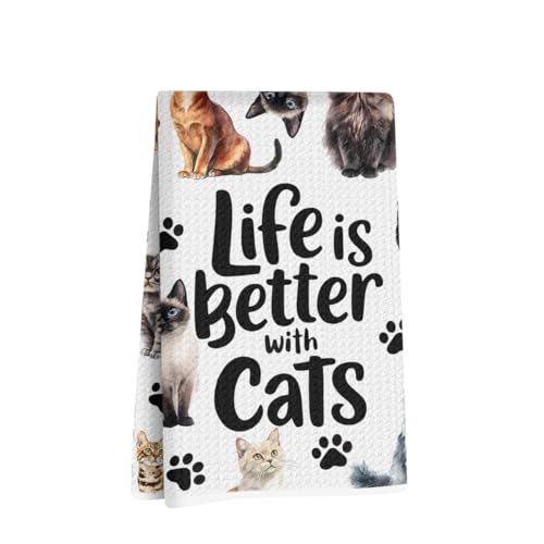 Jztco Cute Cat Kitchen Towels, Floral Cats Gifts Reusable Hand Towels | Cat Lover Gifts for Women Mom, Waffle Dish Towels for Kitchen Home Bathroom Decor 24x14 Inch - color: Multi 1498