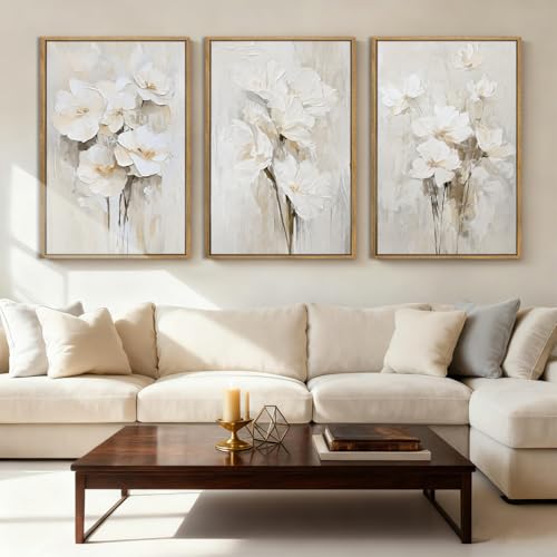 Anyzal Framed Neutral Beige Floral Wall Art Large 16x24 Inch White Cream Flower Canvas Wall Decor Modern Botanical Farmhouse Painting for Living Room Bedroom Dining Room Set of 3 - color: Neutral Floral, size: 24"L x 16"W