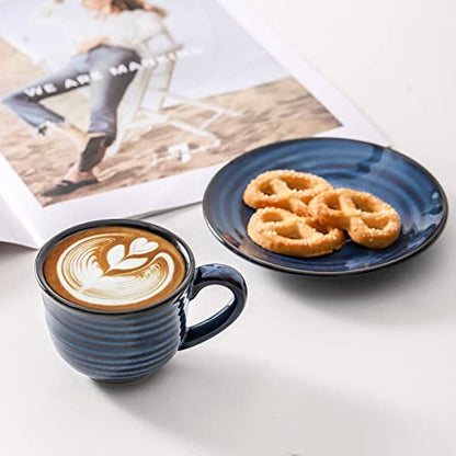 HASENSE Espresso Cups Set of 4, 4 Ounce Ceramic Cappuccino Cup with Saucers, Small Coffee Mugs for Espresso Shots, Cappuccino, Tea, Latte, Demitasse, Navy Blue - color: Navy Blue, size: 4oz - Set of 4