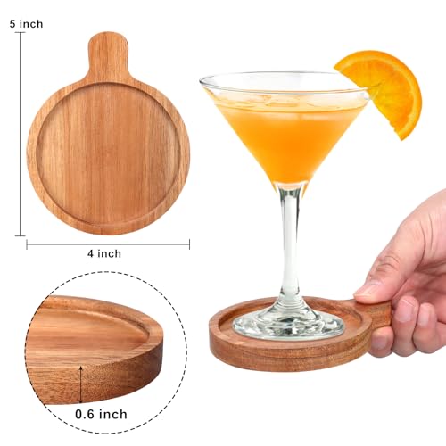 Best Wooden Handle Coasters Set of 4 with Holder Coffee Table Decor Acacia Wood Coaster for Living Room Modern Cup Coaster for Drink Home Kitchen Dining Accessories Bar Farmhouse Outdoor Decorative