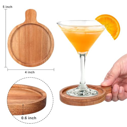 Best Wooden Handle Coasters Set of 4 with Holder Coffee Table Decor Acacia Wood Coaster for Living Room Modern Cup Coaster for Drink Home Kitchen Dining Accessories Bar Farmhouse Outdoor Decorative