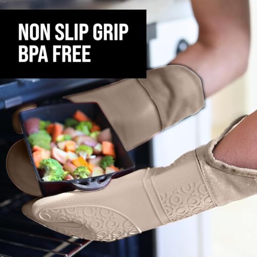 BPA-Free Silicone Oven Mitts Ultra Heat Resistant up to 500°F - Oven Mitts with Thick Cotton Liner - Long Slip Resistant Pot Holders, Flexible Oven Gloves - Beige 14.7 - color: Beige, size: 2-Piece 14.7" Oven Mitts