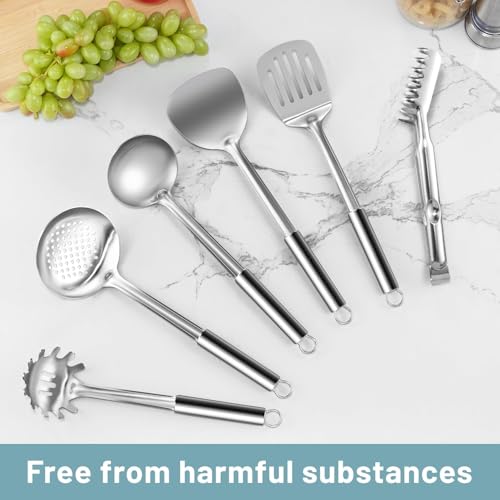 Pleafind Stainless Steel Cooking Utensils Set, 6 Pcs Heat Resistant Kitchen Utensils Set, Nonstick Kitchen Tools for Cooking, Baking, Metal Spatula Set for Chef, Dishwasher Safe - color: 6P-Silver