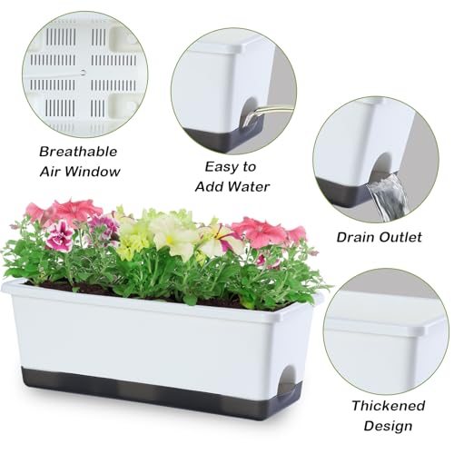Window Box Planter 8 Pcs, 17 Inches Rectangle Flower Pots with Drainage Holes & Trays, Vegetable Planters for Windowsill Patio Garden Balcony Home Indoor Outdoor (White, 16 * 7 * 6 inch) - color: White