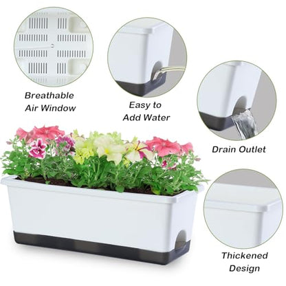 Window Box Planter 8 Pcs, 17 Inches Rectangle Flower Pots with Drainage Holes & Trays, Vegetable Planters for Windowsill Patio Garden Balcony Home Indoor Outdoor (White, 16 * 7 * 6 inch) - color: White