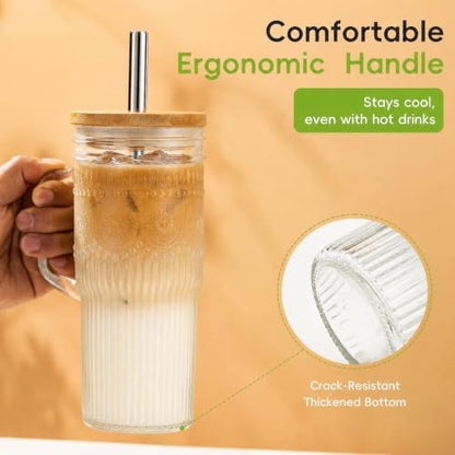 JunVpic Glass Tumbler, 24 oz Ice Coffee Cups with Bamboo Lid and Handle | Stainless steel straws and cleaning brushes, boho pattern design for iced coffee, smoothies, tea and daily drinks - color: Clear-Boho Pattern, size: 24oz