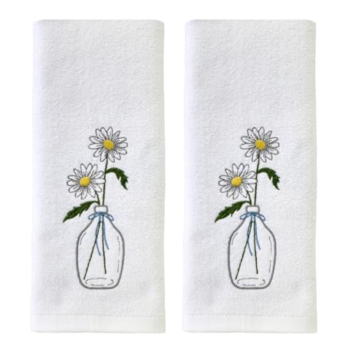 SKL Home Daisies in Vase 100% Cotton Embroidered 2pc Hand Towel Set, Decorative for Bath/Kitchen/Bar & Gift, Optic White - color: Daisies in Vase, size: 16 inches x 25 inches