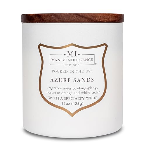 Manly Indulgence Azure Sands Scented Candles for Men, 15 oz Wooden Wick, Premium Soy Blend Wax, 60H Burn, Candles for Home Scented - Made in The USA - color: Azure Sands